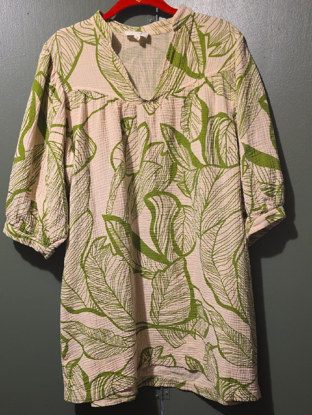 Green Leaf-Print Mini Dress - Lightweight V-Neck